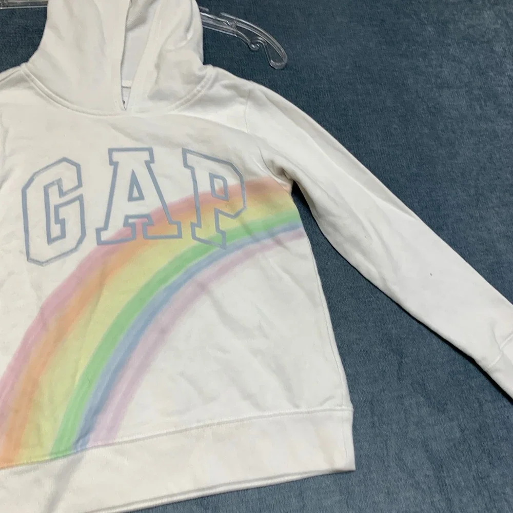 Gap Hoodie Kids M8 White Rainbow Graphic Print Logo Short Sleeve Pullover